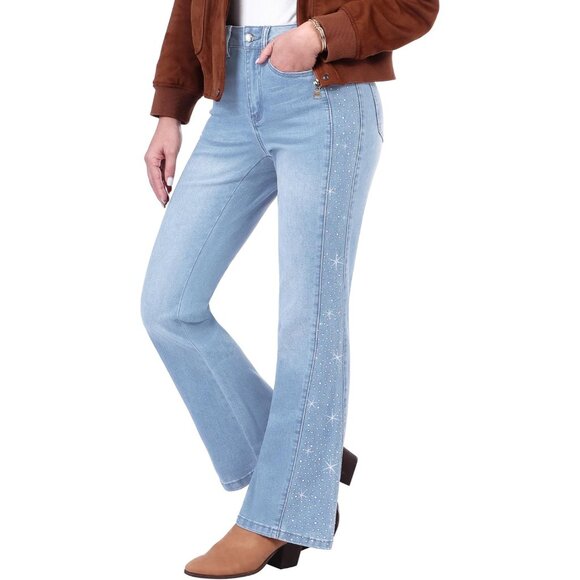 Flare Jeans for Women High Waisted Trendy Wide Leg Embellished Rhinestone Sparkl - Picture 1 of 8